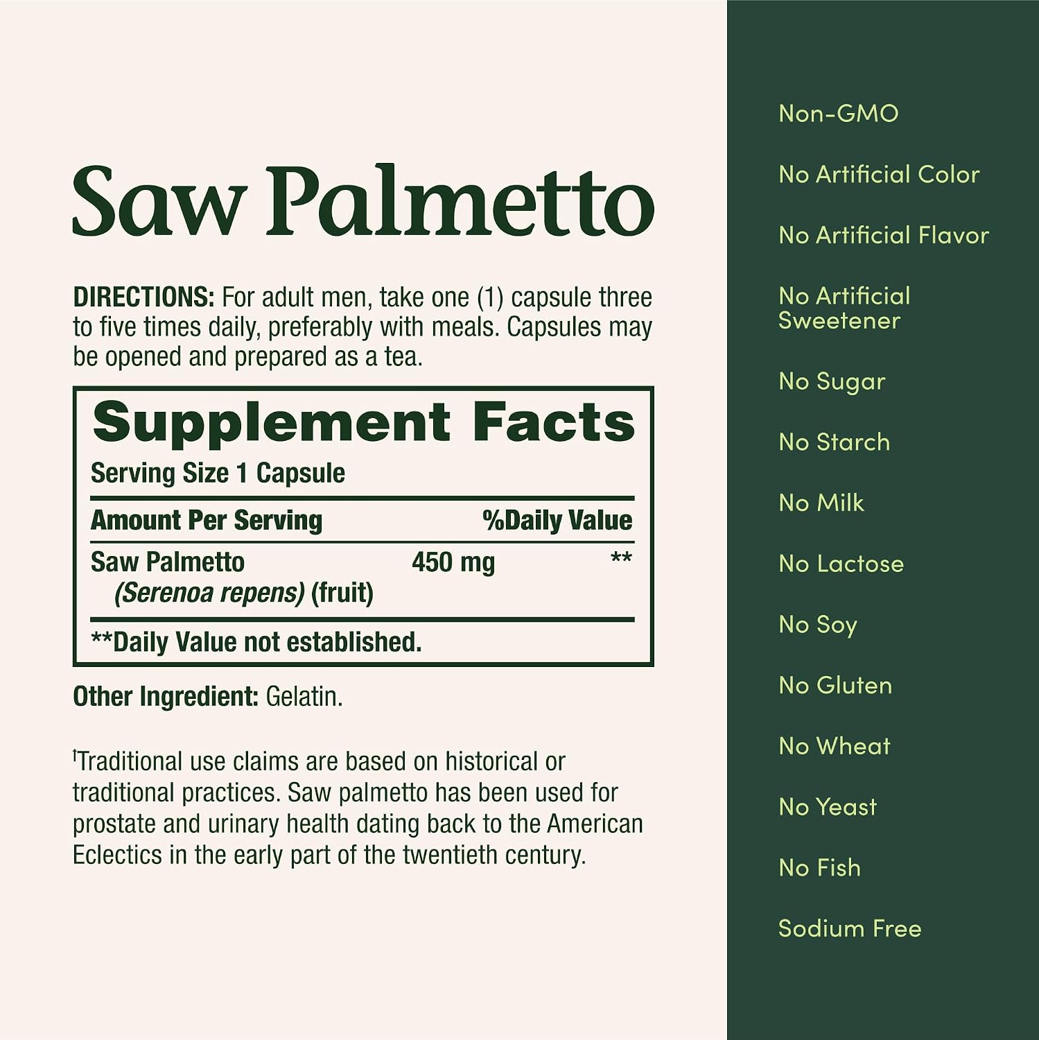Nature's Bounty Saw Palmetto, apoyo para la salud de la próstata y urinaria, suplemento herbal, 450 mg, 250 cápsulas — imagen 4